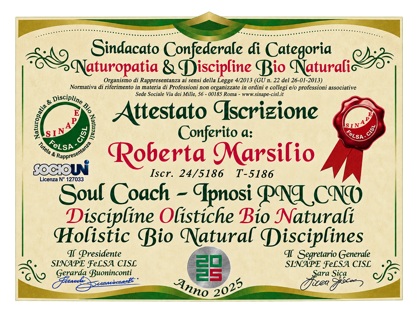 Attestato iscrizione SINAPE 2025