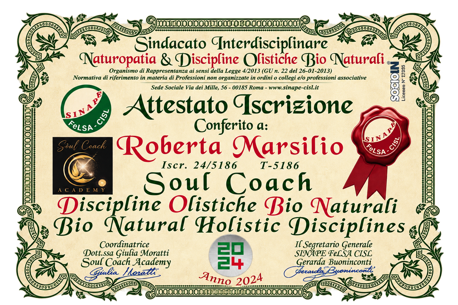 Attestato di iscrizione Soul Coach Academy