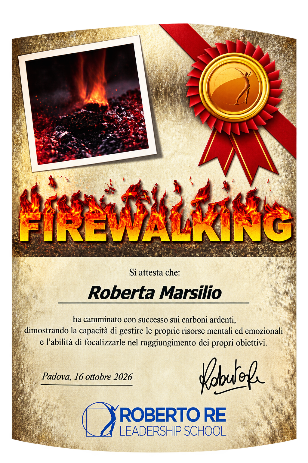 Attestato Firewalking, Roberto Re Leadership School