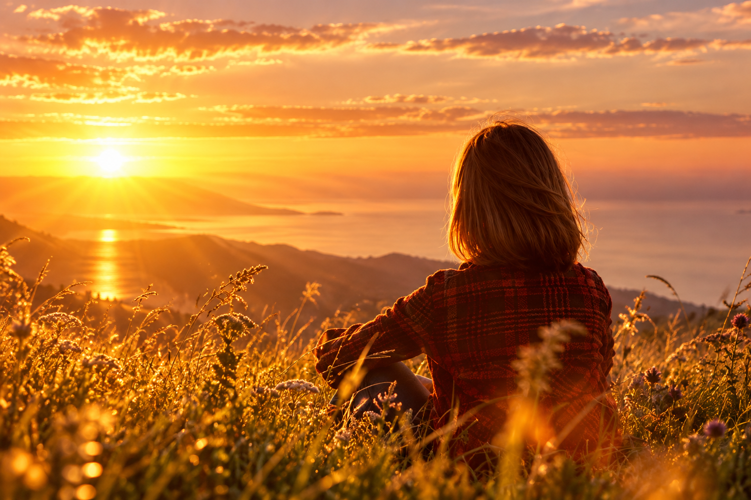 Una persona contempla il tramonto nella natura